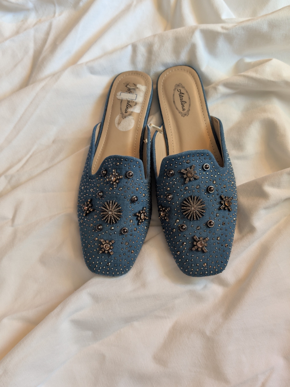 Blue Embellished Slip-On Mules